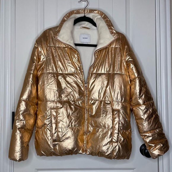 Old Navy Rose Gold Puffer Jacket Small Metallic Ski Street Style - Picture 1 of 8